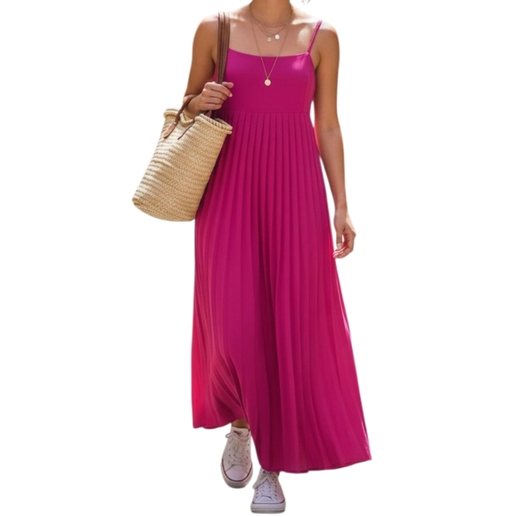 Anthropologie Mare Mare X Fuchsia Maxi Strappy Pleated Dress - Picture 1 of 6